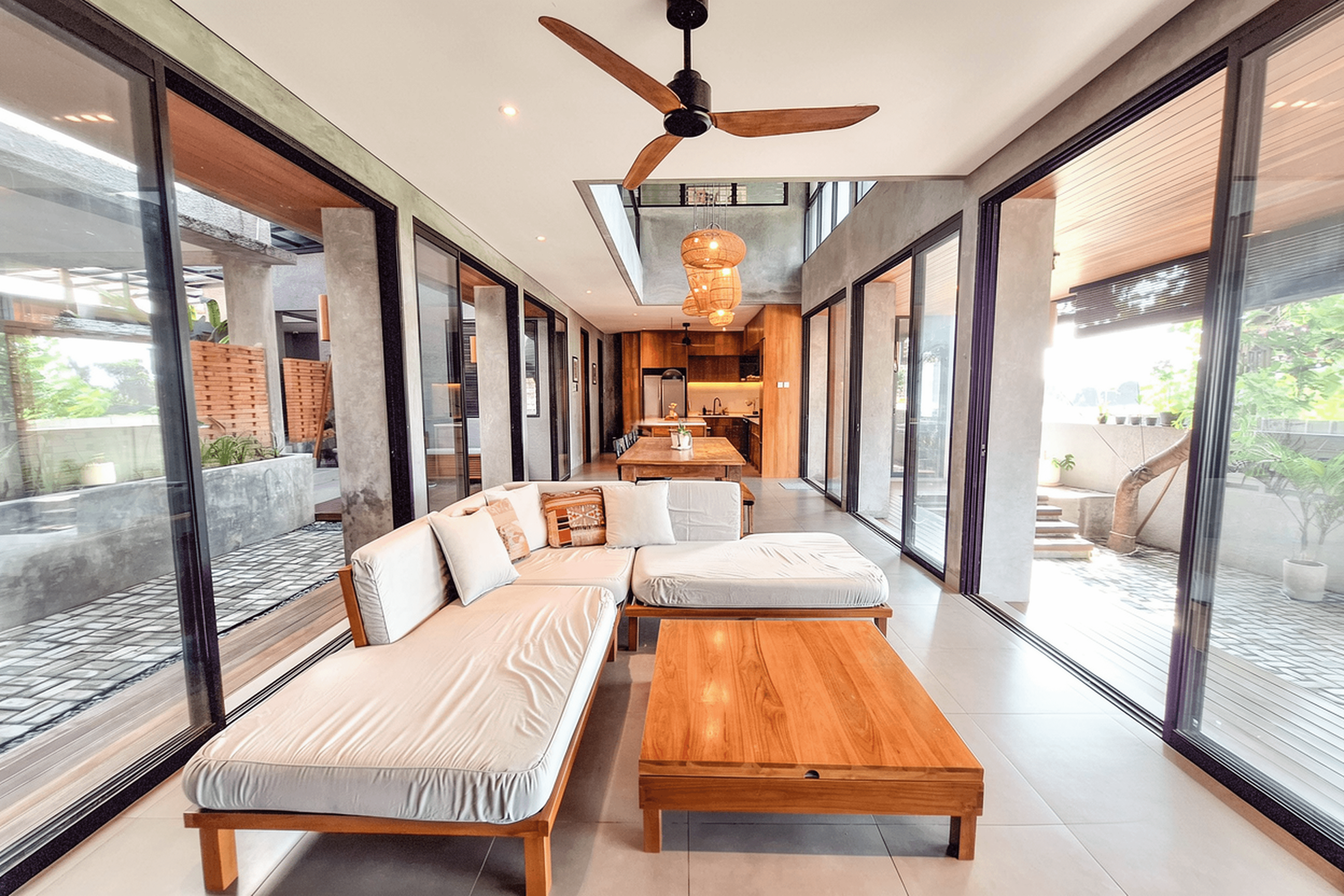 Modern open-concept villa interior in Pererenan. Our real estate agents offer premium Bali property consultations.