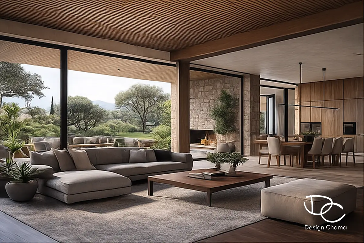 Σαλόνι και τραπεζαρία open-plan με τζάκι, ξύλο και πανοραμική θέα στον κήπο.