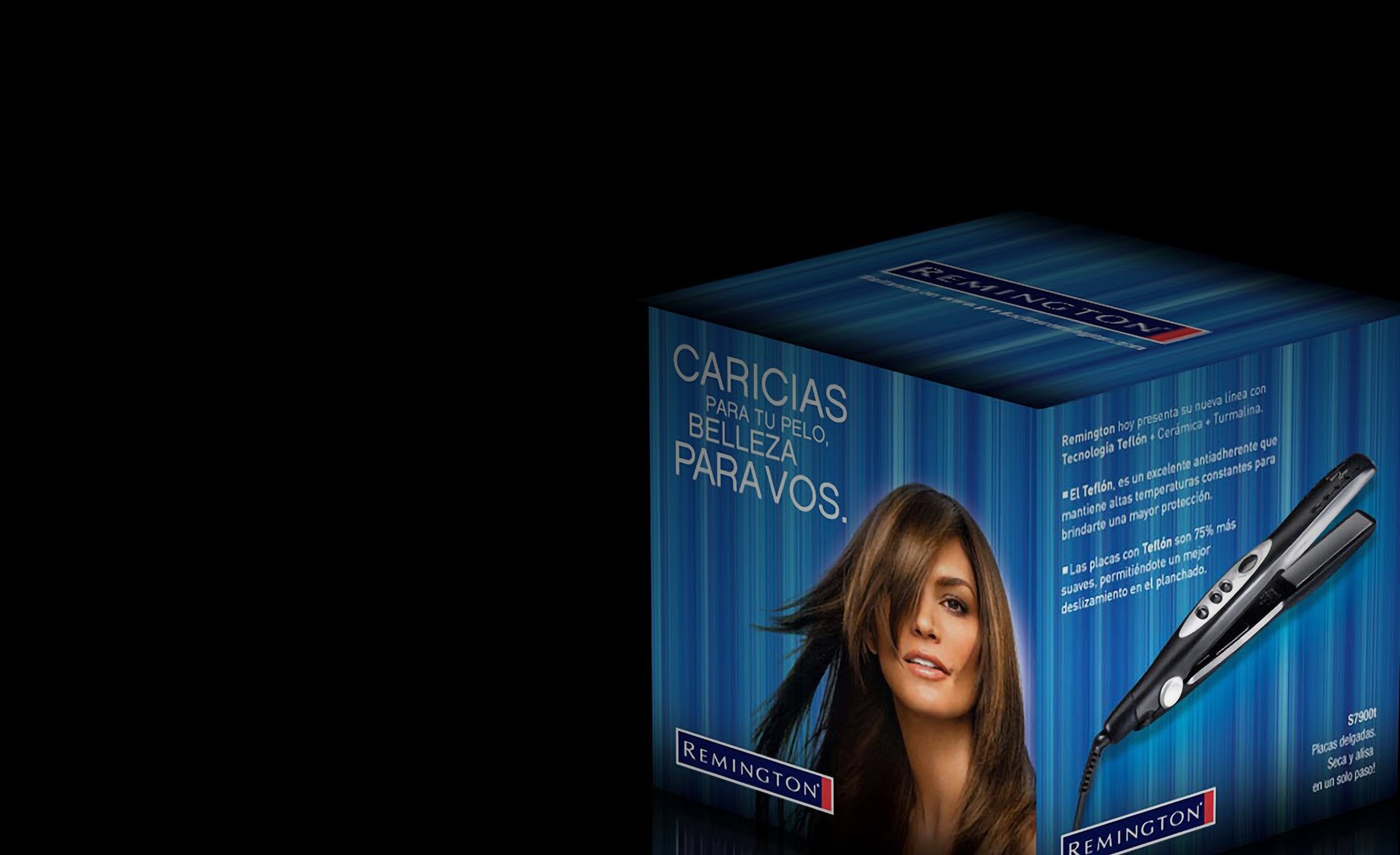 A blue box with a hair straightener image and a smiling woman. Text in Spanish reads, “Caricias para tu pelo, belleza para vos.” Remington branding is visible.