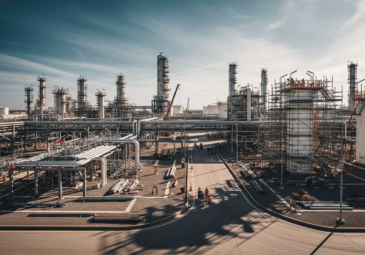 Aerial photograph of an Oil & Gas project area featuring industrial structures and workers under natural midday lighting.