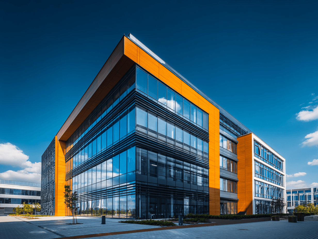 Modern office building exterior with glass facade and bold orange architectural accents.