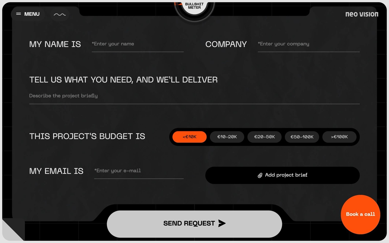 Black contact form with fields for name, company, project needs, budget, and email. "Send Request" and "Book a call" buttons.