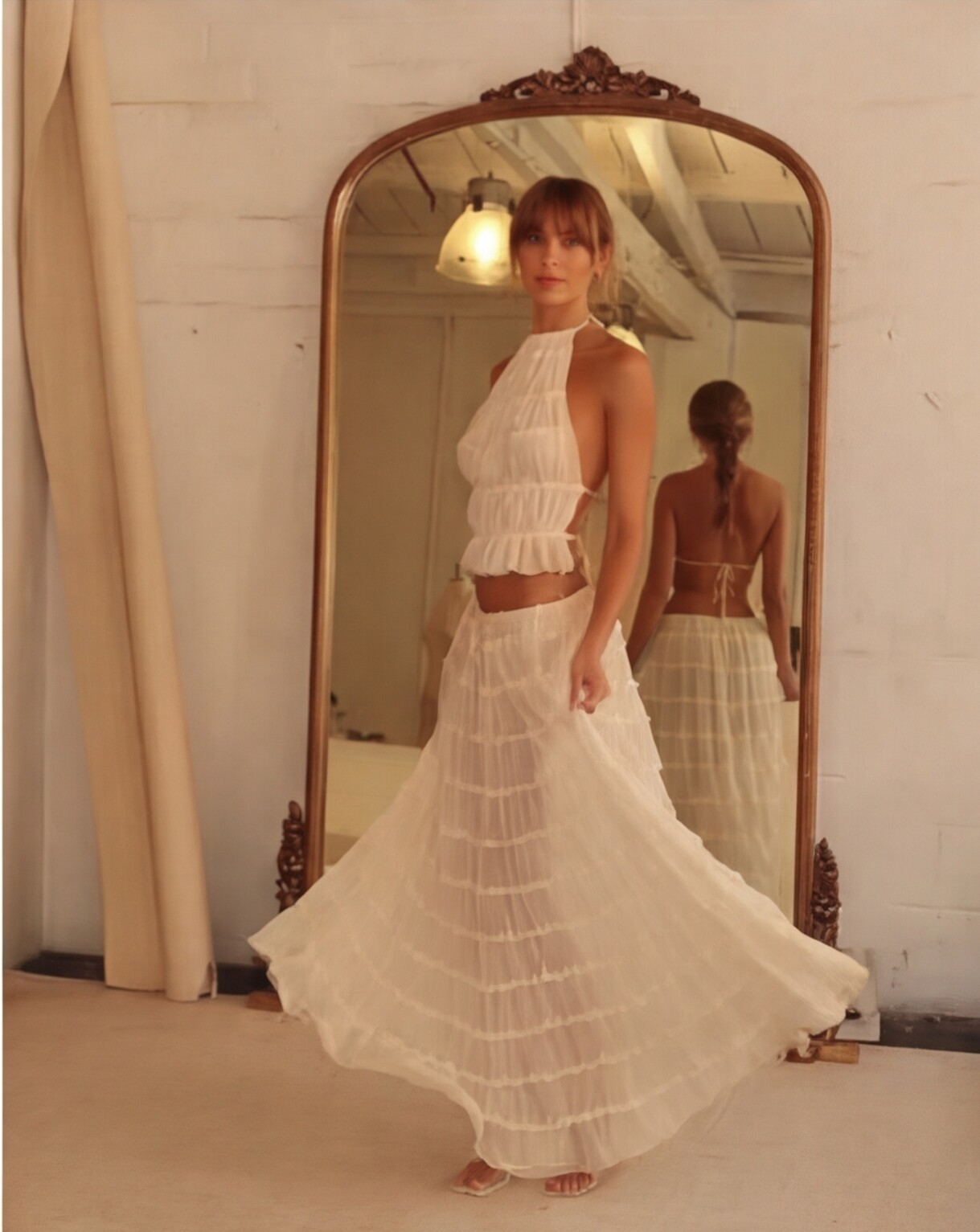 Cream Ruffled Top with Tan Wide Leg Trousers