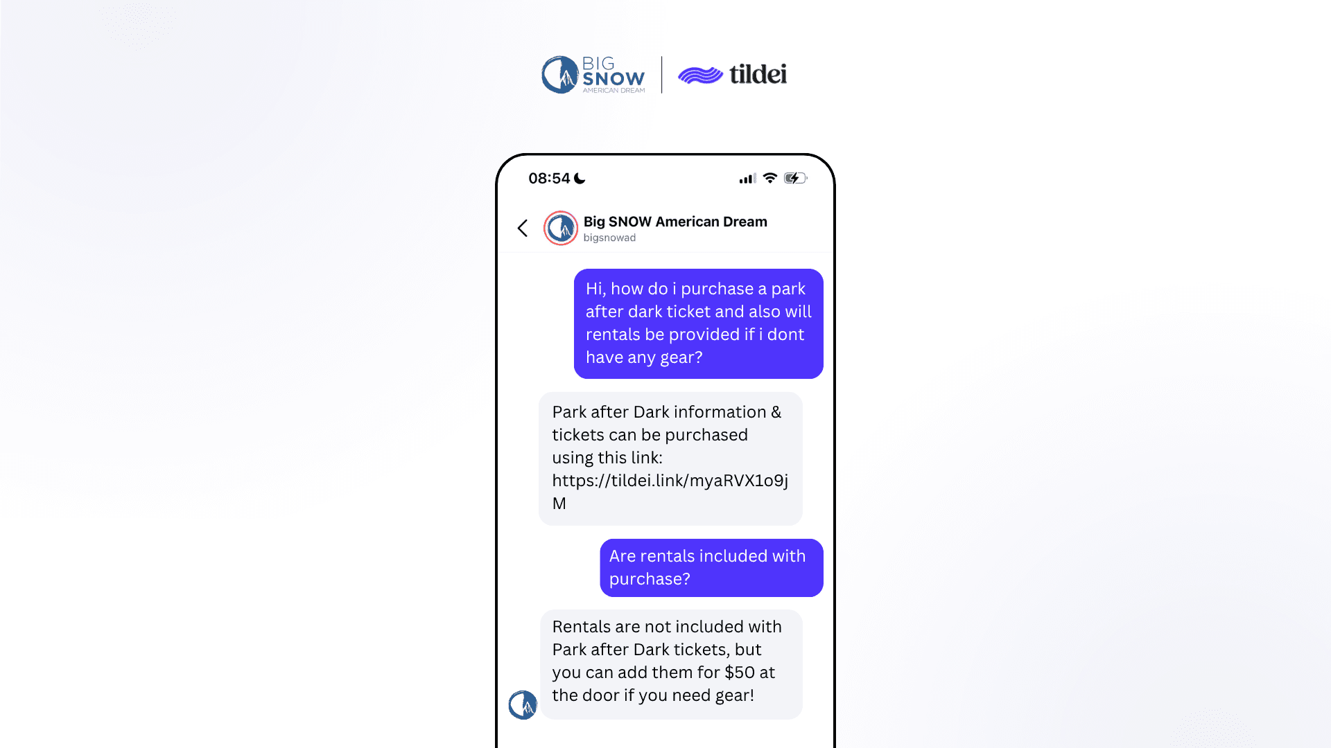 Mobile chat screenshot showing a guest asking Big SNOW American Dream how to purchase a Park After Dark ticket and whether rentals are included, with an AI assistant providing a direct purchase link and clarifying that gear rentals can be added for $50 at the door.