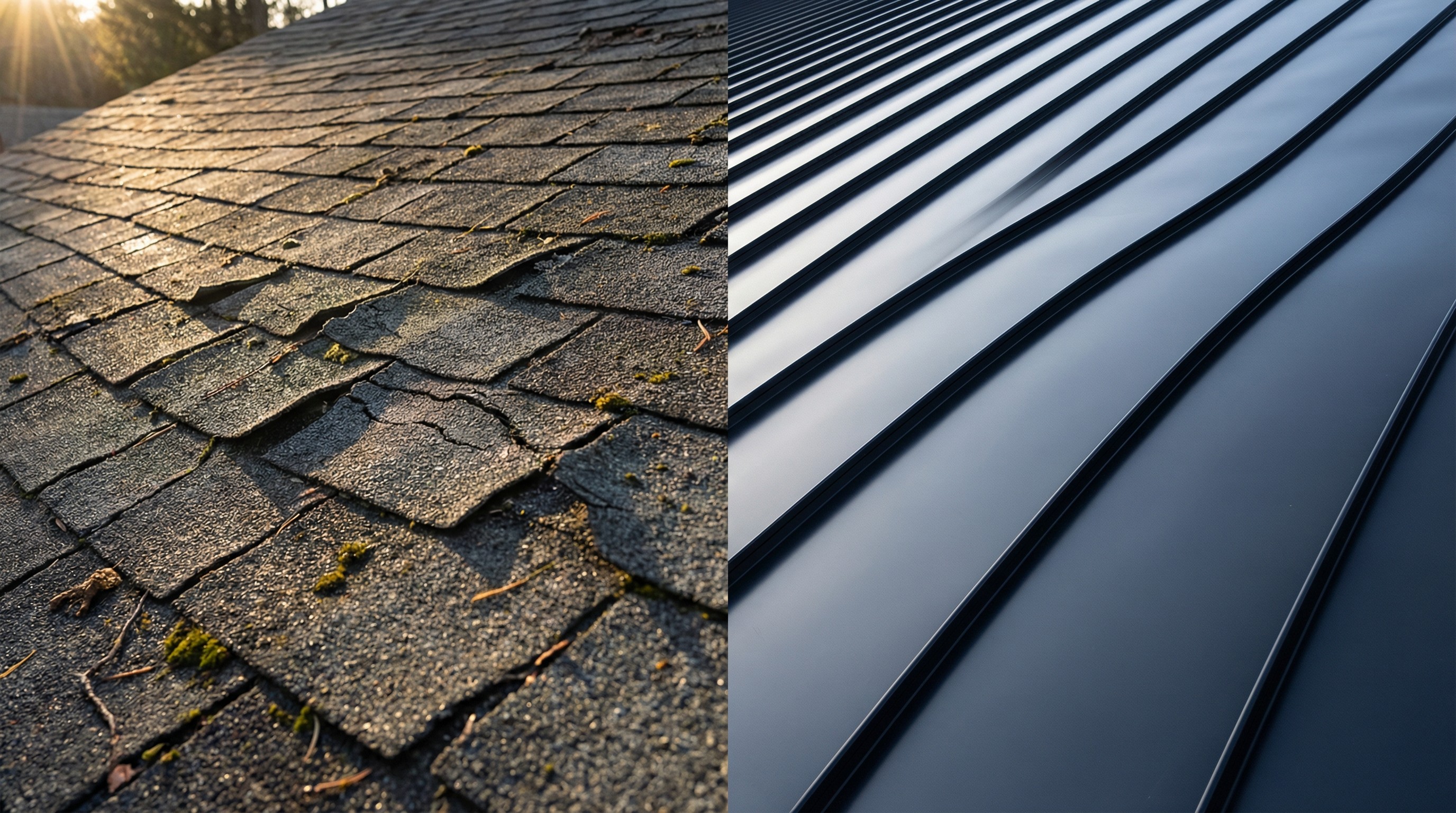 Side-by-side comparison of a metal roof versus asphalt shingles showing durability.