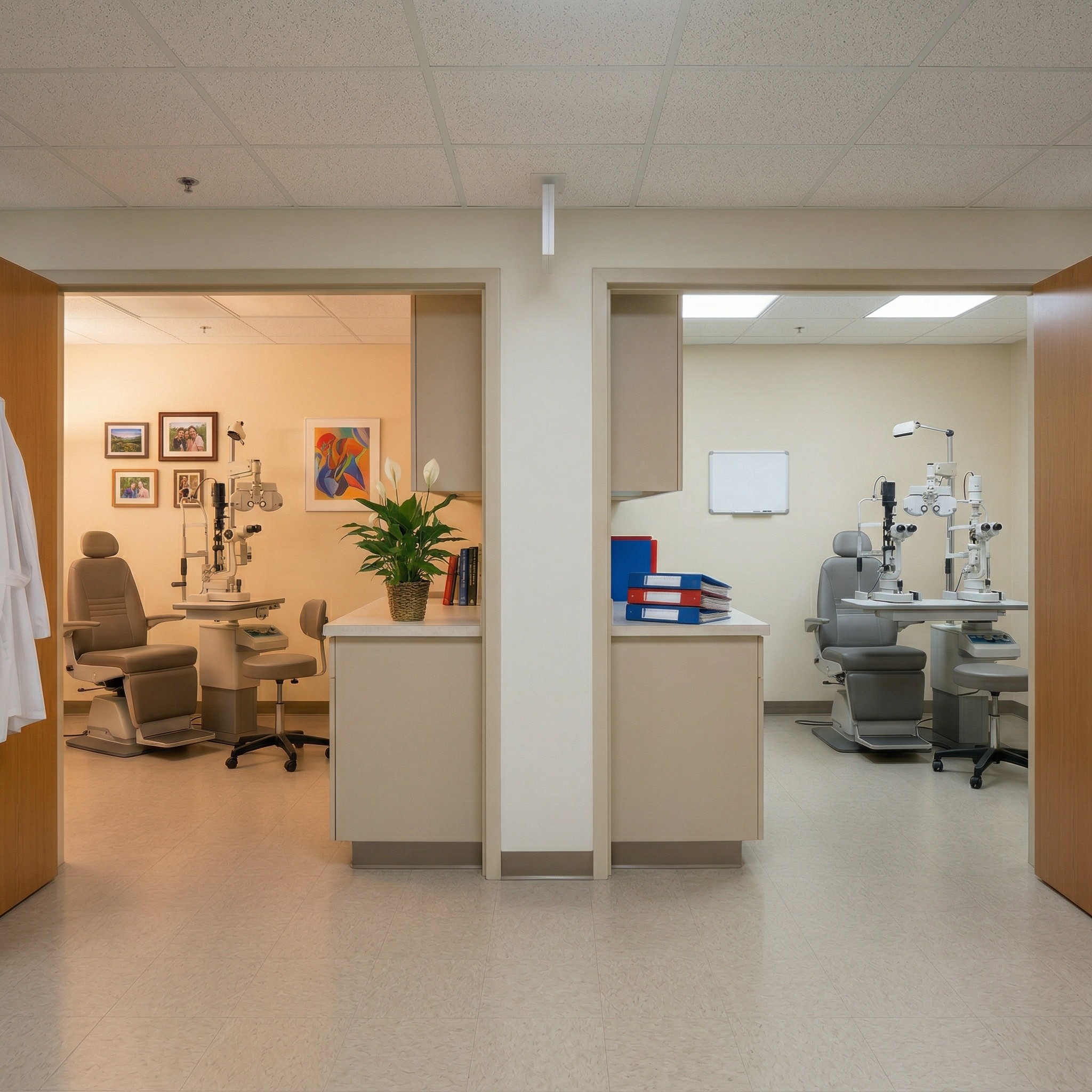 Two adjacent ophthalmology exam rooms contrasting warm physician-owned environment with cold corporate PE-owned environment