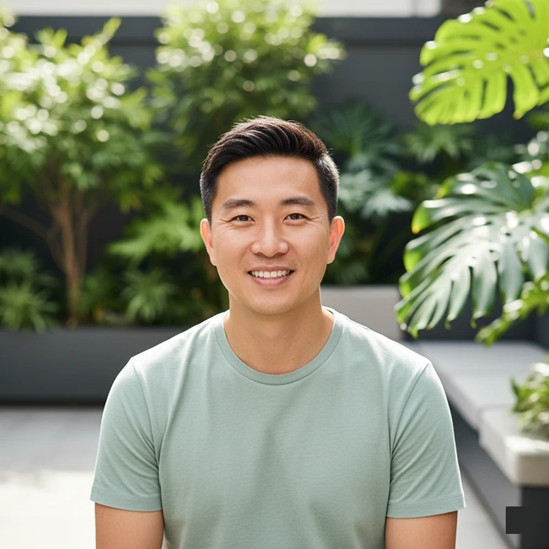 A professional portrait of a smiling East Asian man with short, styled dark hair, wearing a sage green t-shirt. He is positioned in a modern outdoor patio setting with large tropical plants like Monstera and a grey architectural wall behind him.