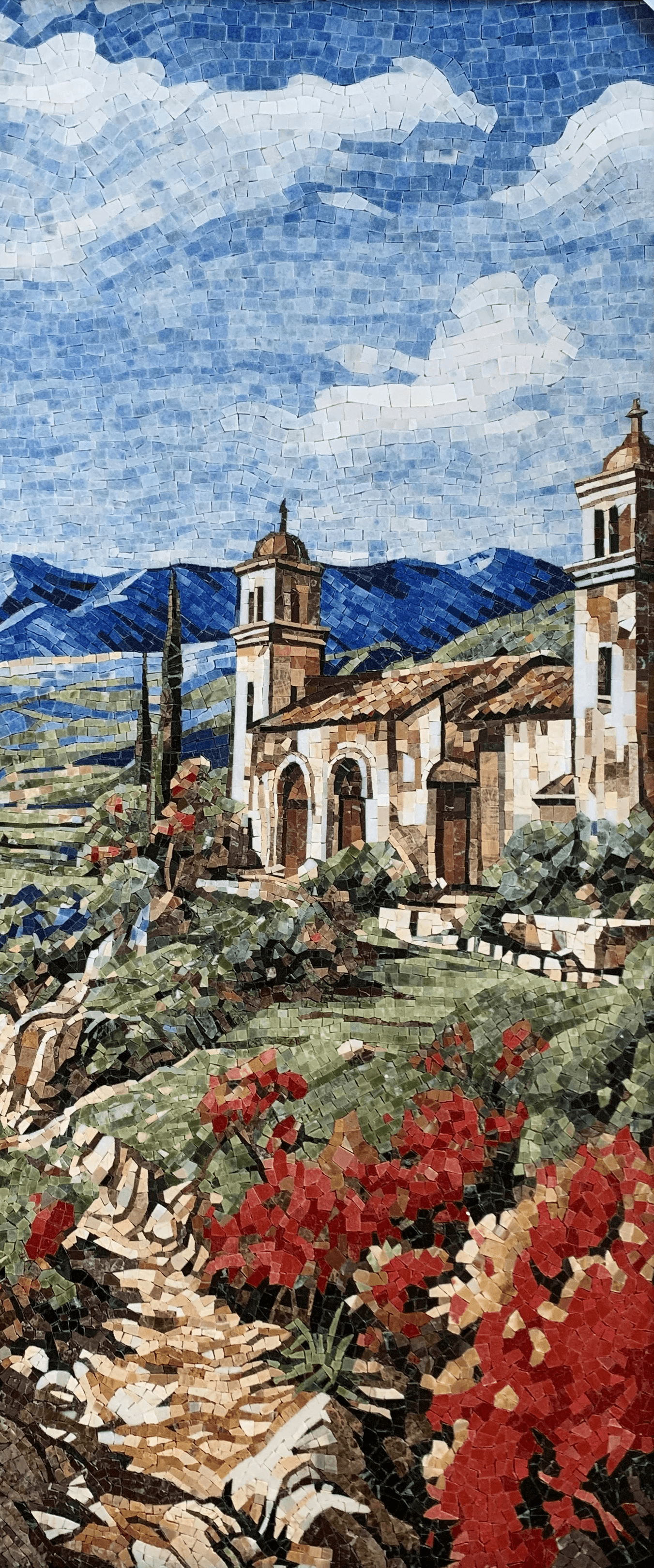 A modern staircase with colorful geometric wall art