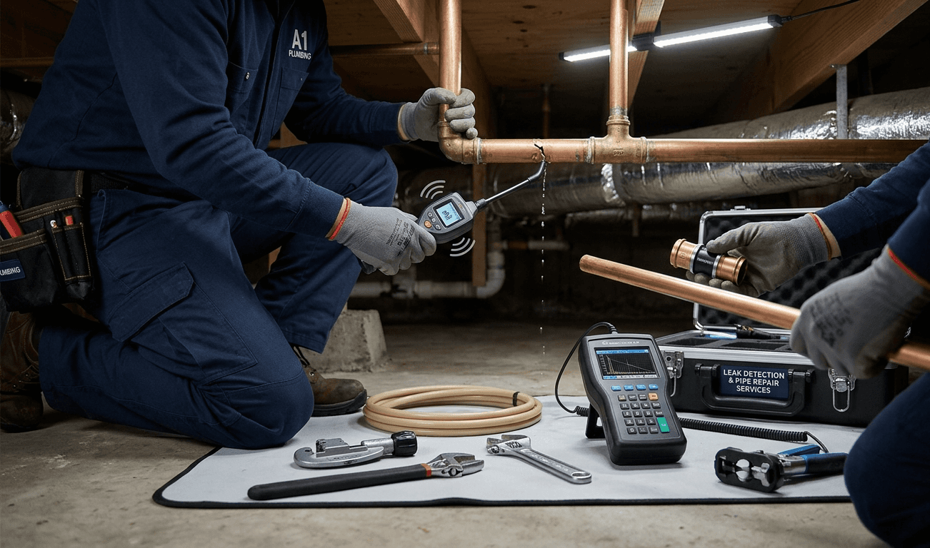 Technician inspecting plumbing system with leak detection tools