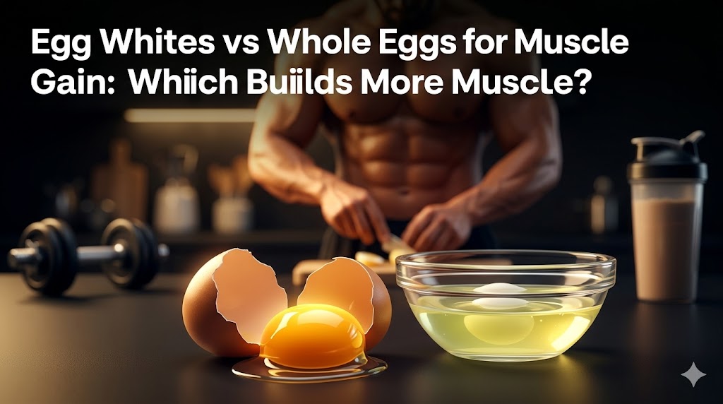 A comparison graphic between whole eggs with a glowing yolk and a bowl of egg whites, featuring a muscular athlete in a dark matte kitchen with cinematic lighting. The image includes a shaker bottle and dumbbells, and a title that asks, “Egg Whites vs Whole Eggs for Muscle Gain: Which Builds More Muscle?”.