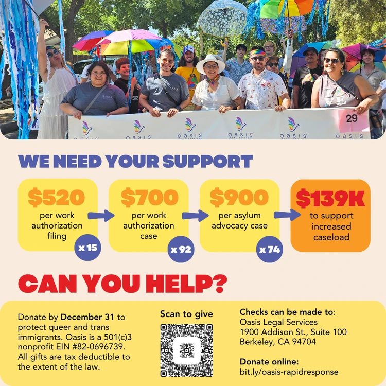 Um grupo de pessoas está reunido segurando uma faixa colorida da Oasis Legal Services, destacando uma campanha de apoio por doações com metas monetárias e um código QR para contribuições.