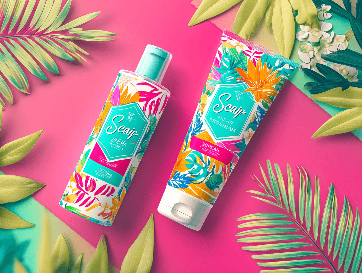 Two vibrant beauty products with floral designs, placed on a bright pink background surrounded by green leaves.