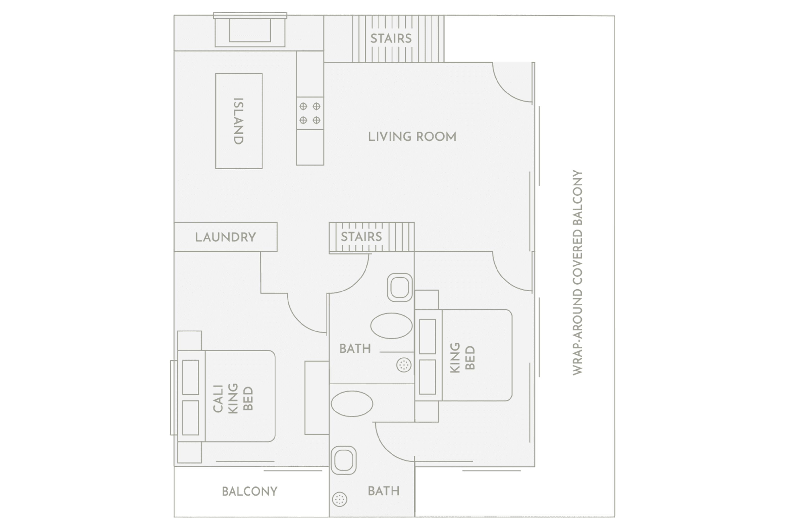 Floor plan of the Pool House Apartment at Club Vieques, featuring a living room, two bedrooms, two baths, a kitchen island, laundry, and wrap-around covered balcony.