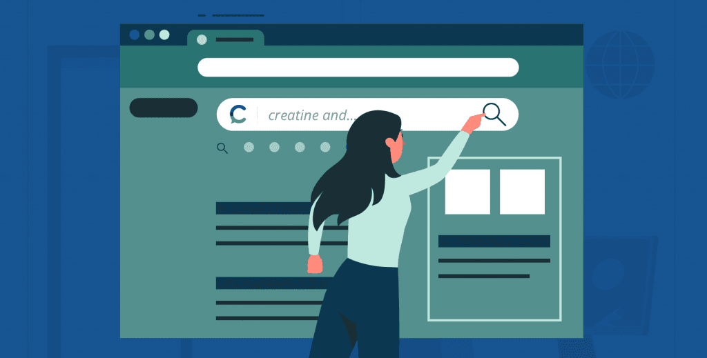 Graphic of person using Consensus scientific search engine to search effects of creatine