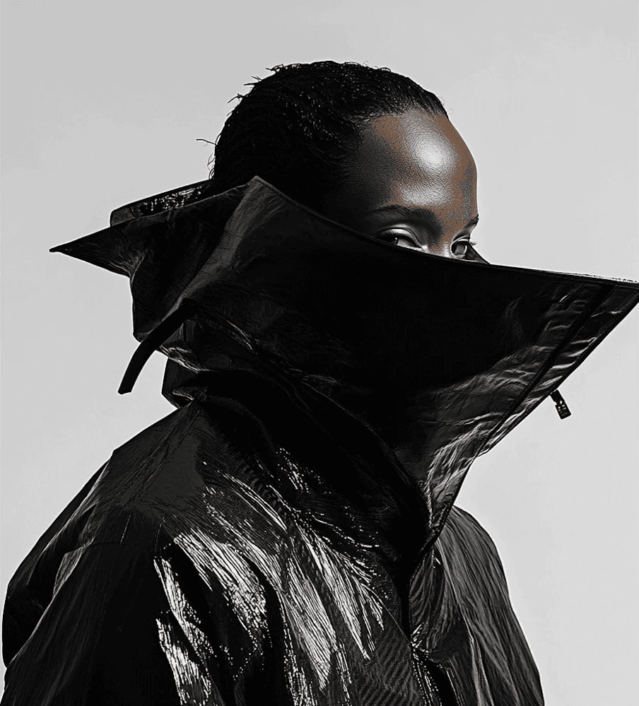 A person faces forward, wearing a sleek, glossy black jacket with a high collar covering most of their face, conveying a mysterious and edgy mood.