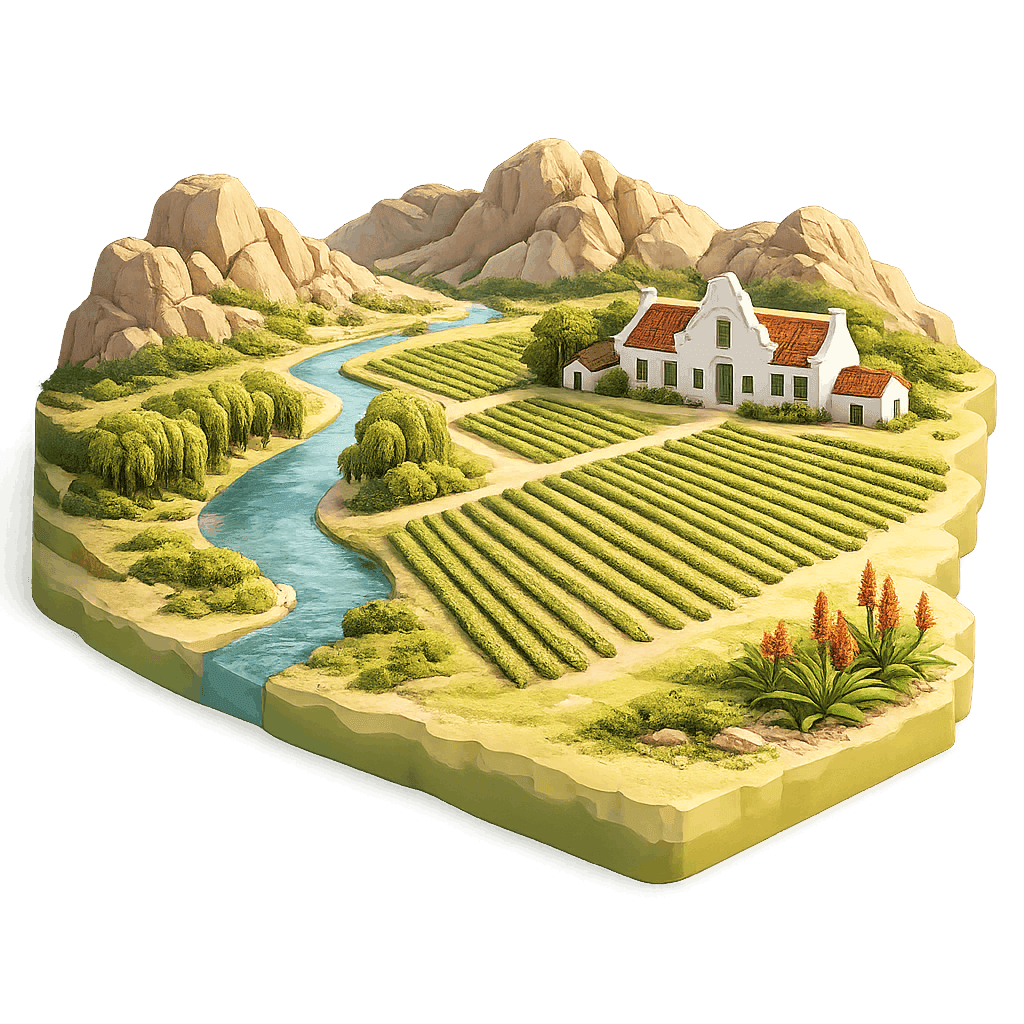 Artistic illustration of the Breede River Valley wine region.