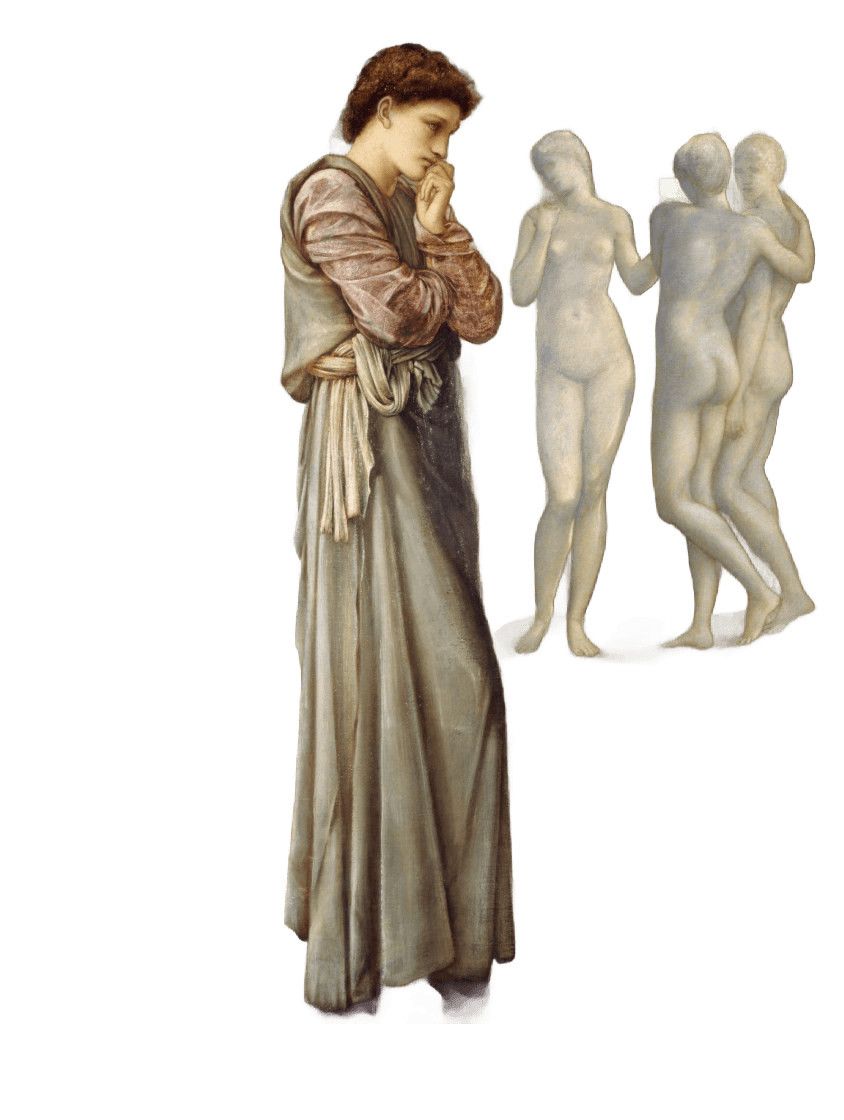 A female figure in a long dress stands thoughtfully, with two indistinct sculptures behind her.