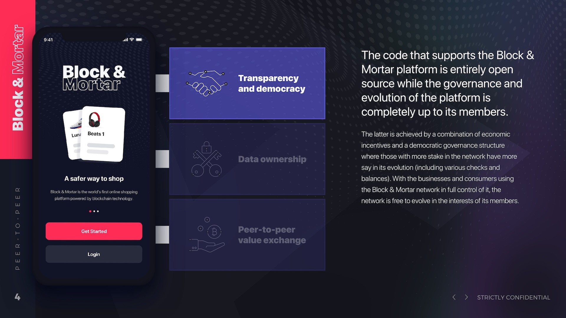 Platform principles slide showing Block & Mortar welcome screen mockup alongside three purple feature cards for Transparency and democracy, Data ownership, and Peer-to-peer value exchange, explaining open source code and democratic governance structure controlled by network members