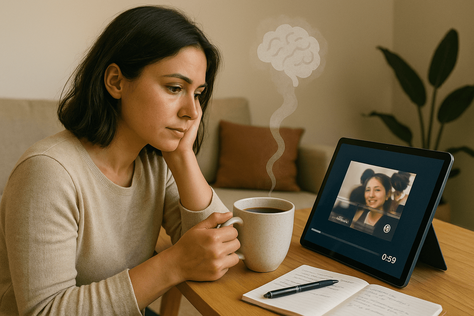 Young woman sipping coffee while watching a short educational video titled 'What If We Never Slept?' on a tablet, with brain-shaped steam rising from her mug in a cozy, modern living room.