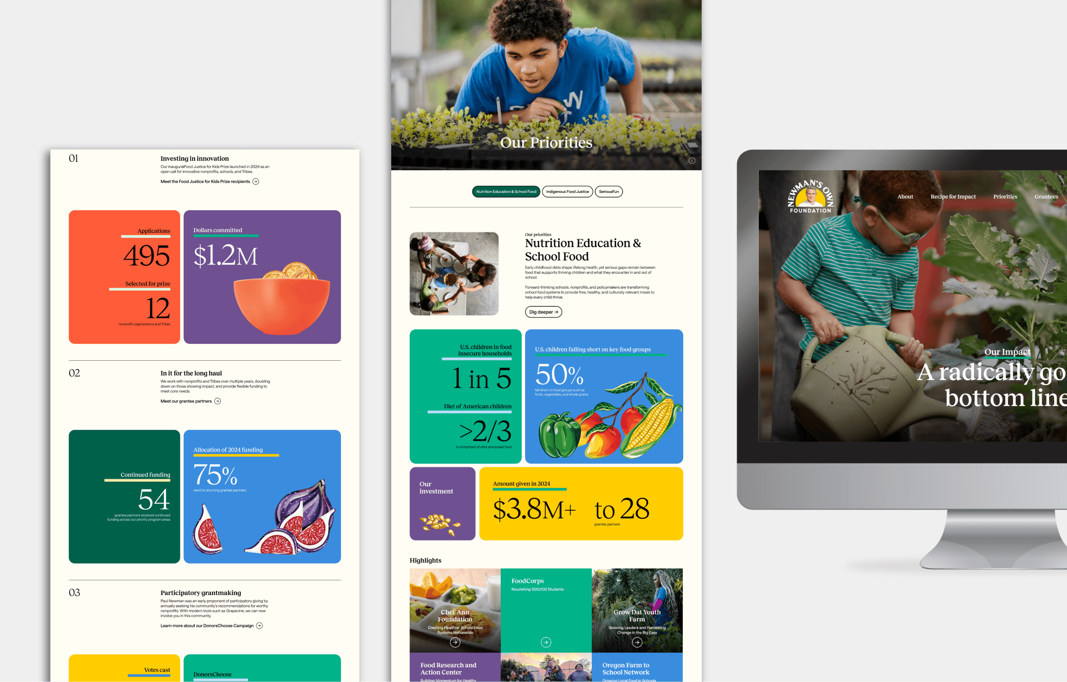 Multiple sections of the Newman's Own Foundation impact page showing overall page design