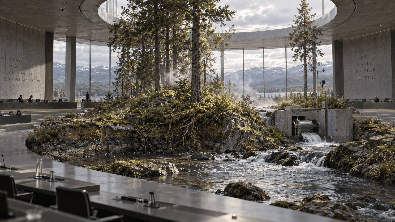 A circular civic assembly surrounds a living forest and flowing water.