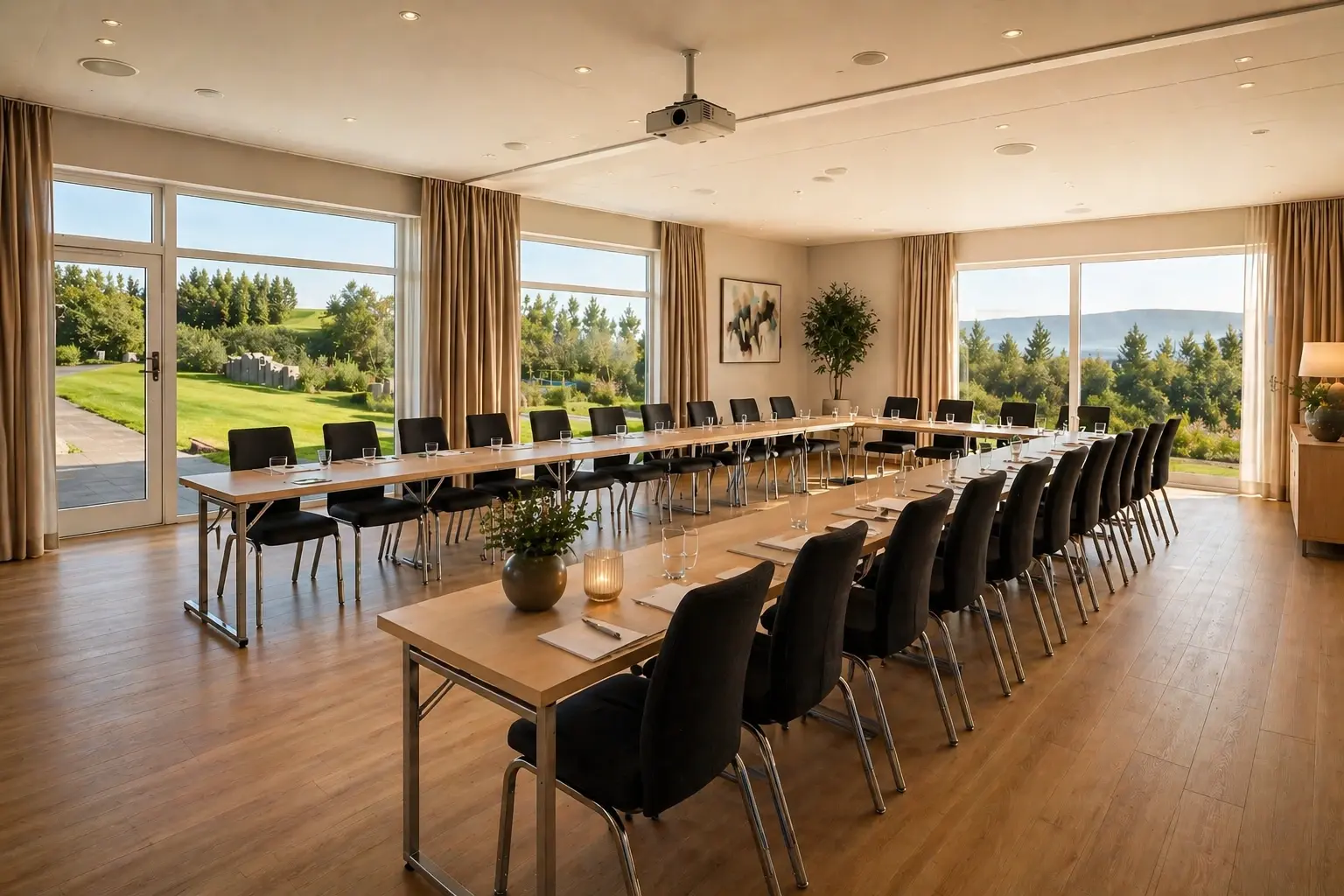 Bright, modern conference room with light wood flooring and large windows overlooking a green landscape. Black chairs are arranged in a U-shape around light wood tables featuring blue placemats.