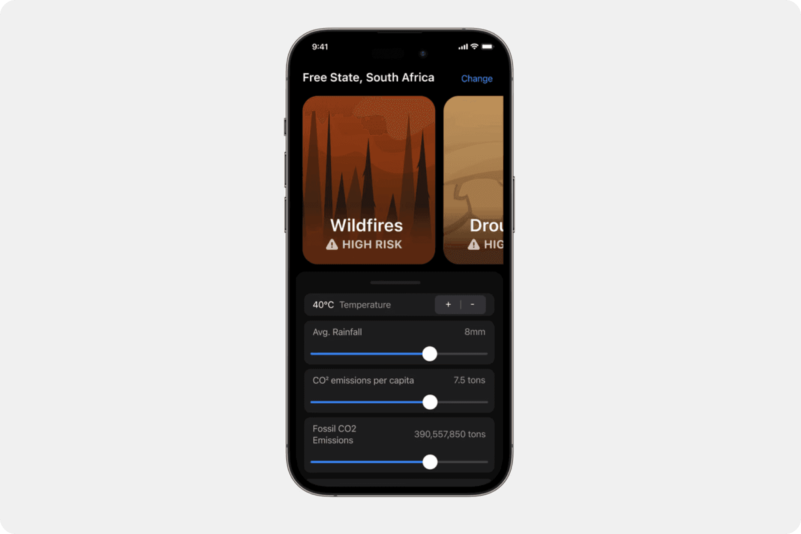 A dark mode interface design showcasing adjustments a user can make to understand the impact of environmental sitations.
