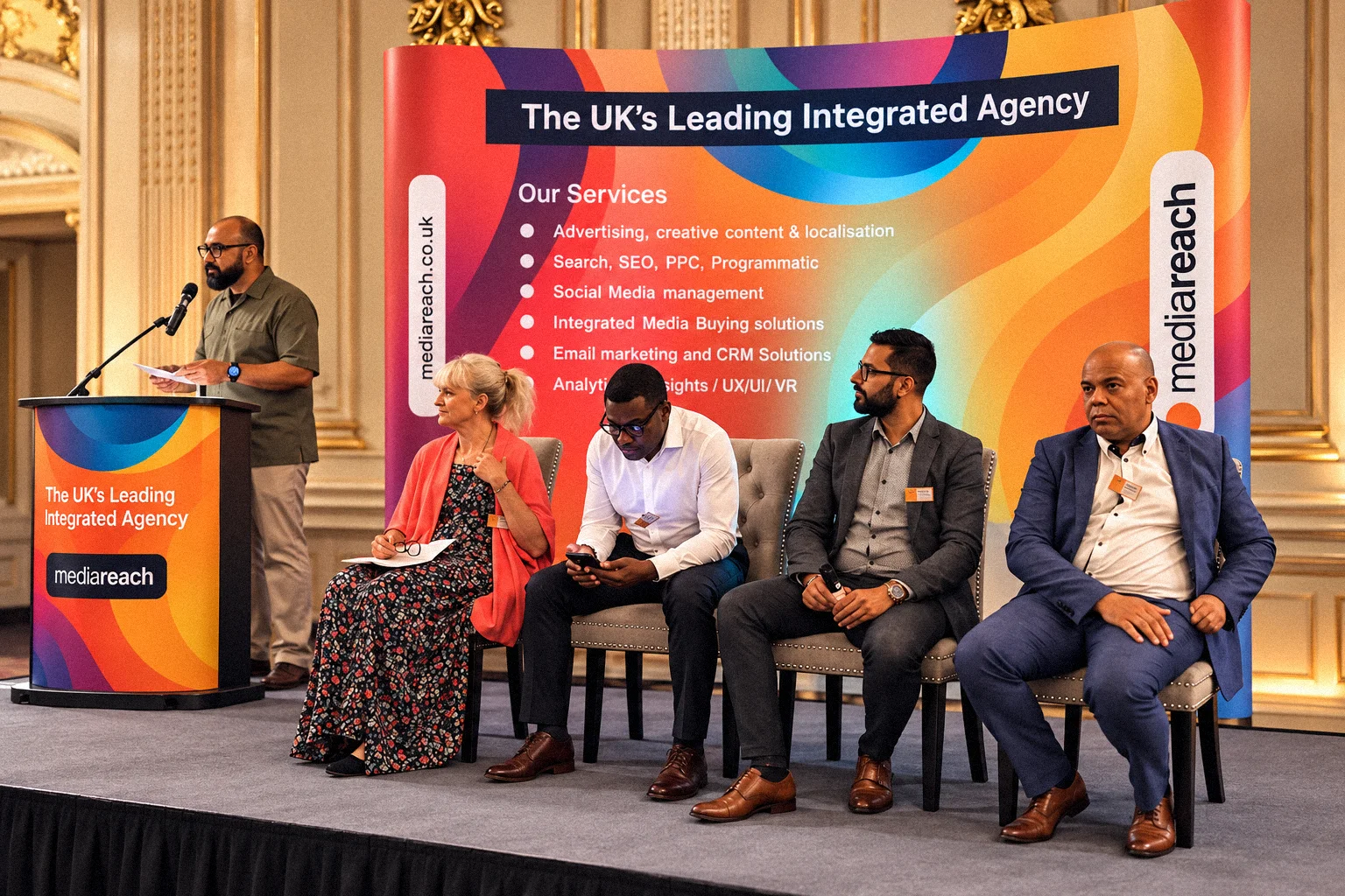 MediaReach event panel with speakers presenting integrated marketing services including PPC programmatic and media buying
