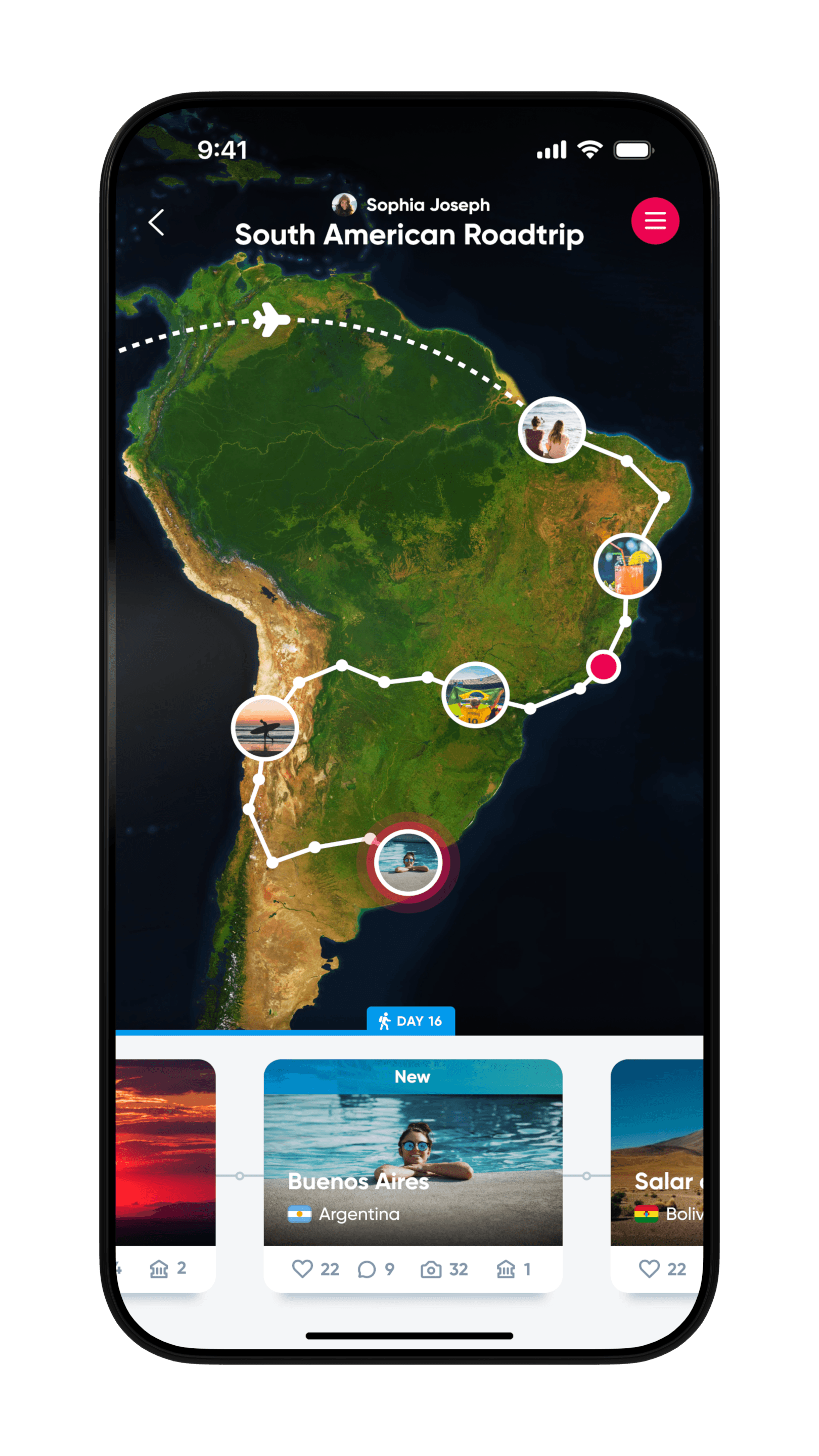 A phone screen showing a Polarsteps trip map through South America, with travel route, Steps, and photos from the journey.