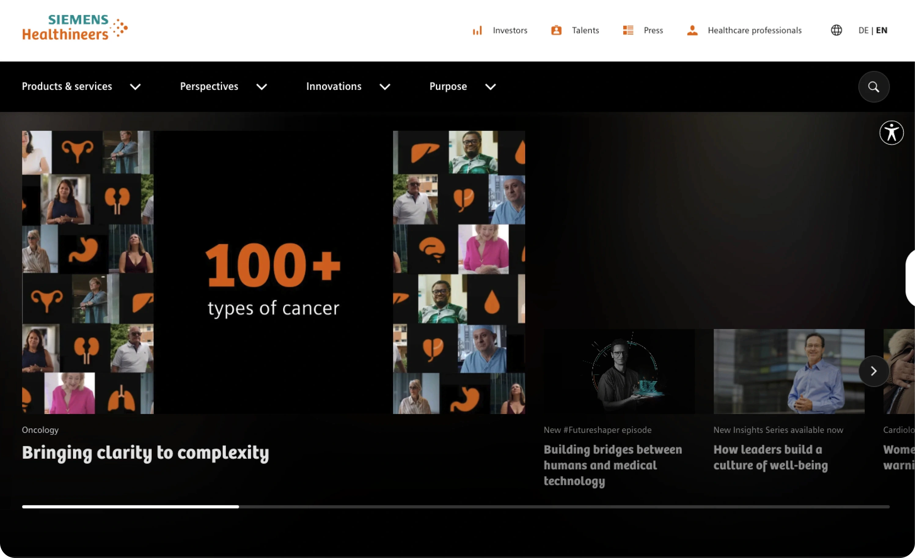 Siemens Healthineers website homepage showing a healthcare campaign about 100+ types of cancer, with patient and clinical imagery