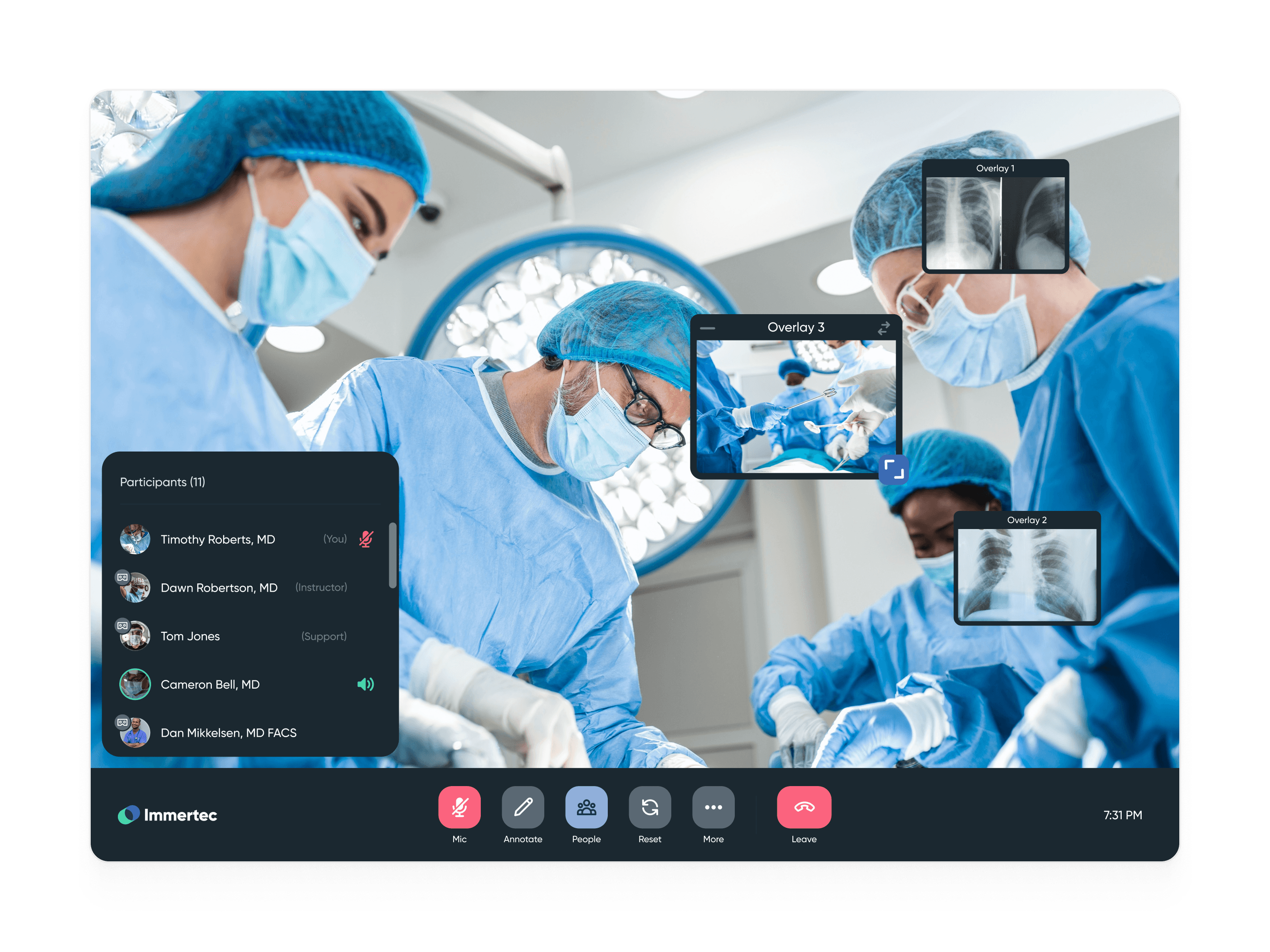 Virtual surgical consultation with surgeons, participant list, and X-ray overlays.