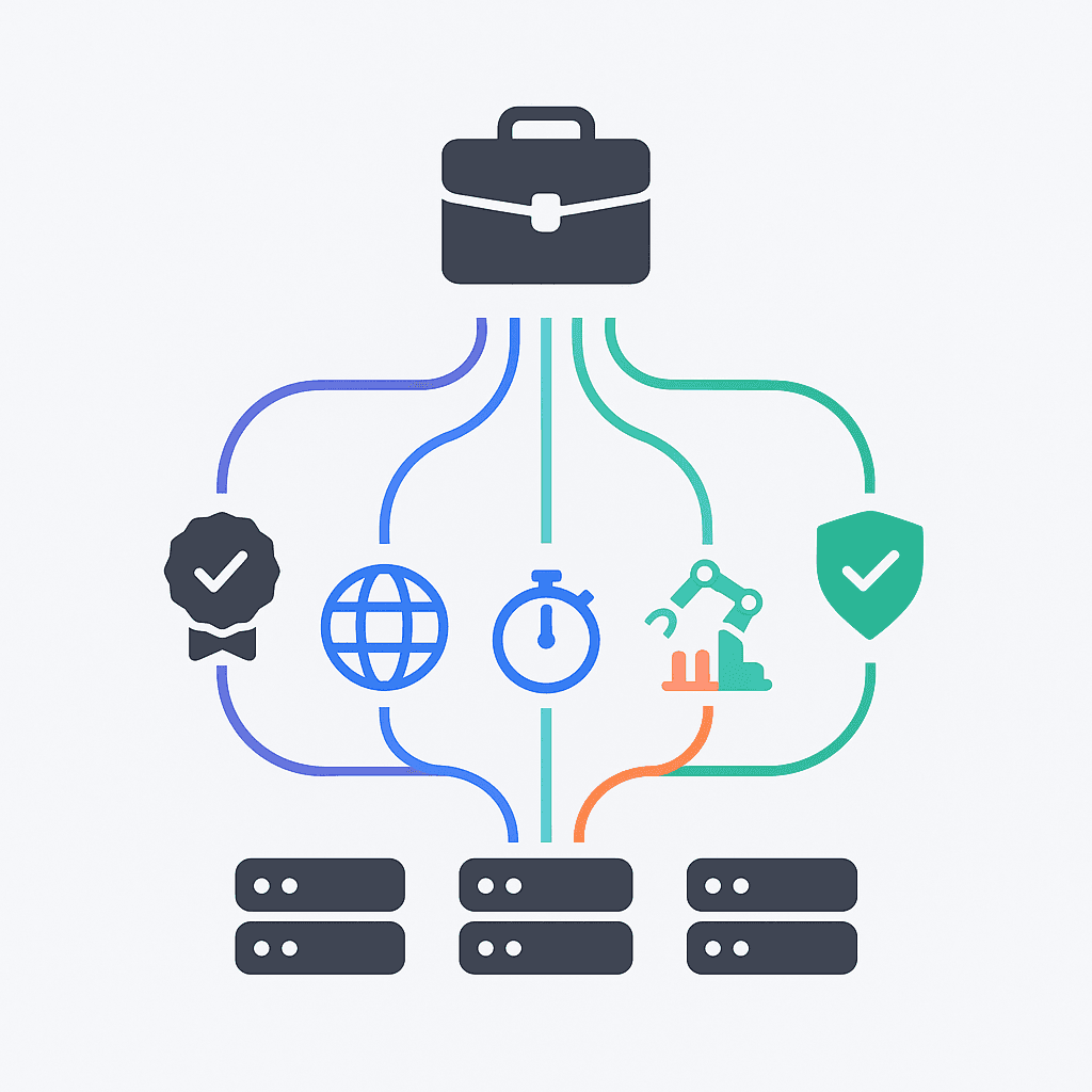 Flowchart of key criteria for selecting a GEO platform: accuracy, coverage, speed, automation, analytics, controls