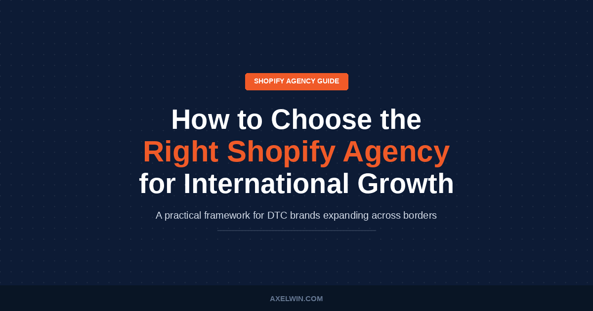 Blog image titled "How to Choose the Right Shopify Agency for International Growth" — a guide for DTC brands selecting a Shopify agency for cross-border ecommerce expansion