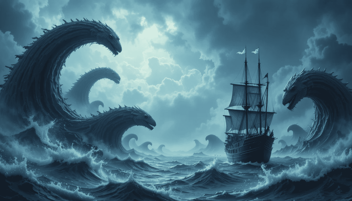 Stormy ocean monsters and calm ship symbolizing restless mind, inner conflict, and psychological clarity through awareness