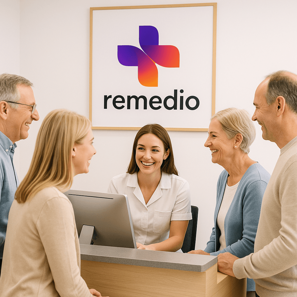 Recepcjonistka kliniki w białym uniformie przy ladzie, czworo pacjentów i duże logo Remedio na ścianie.