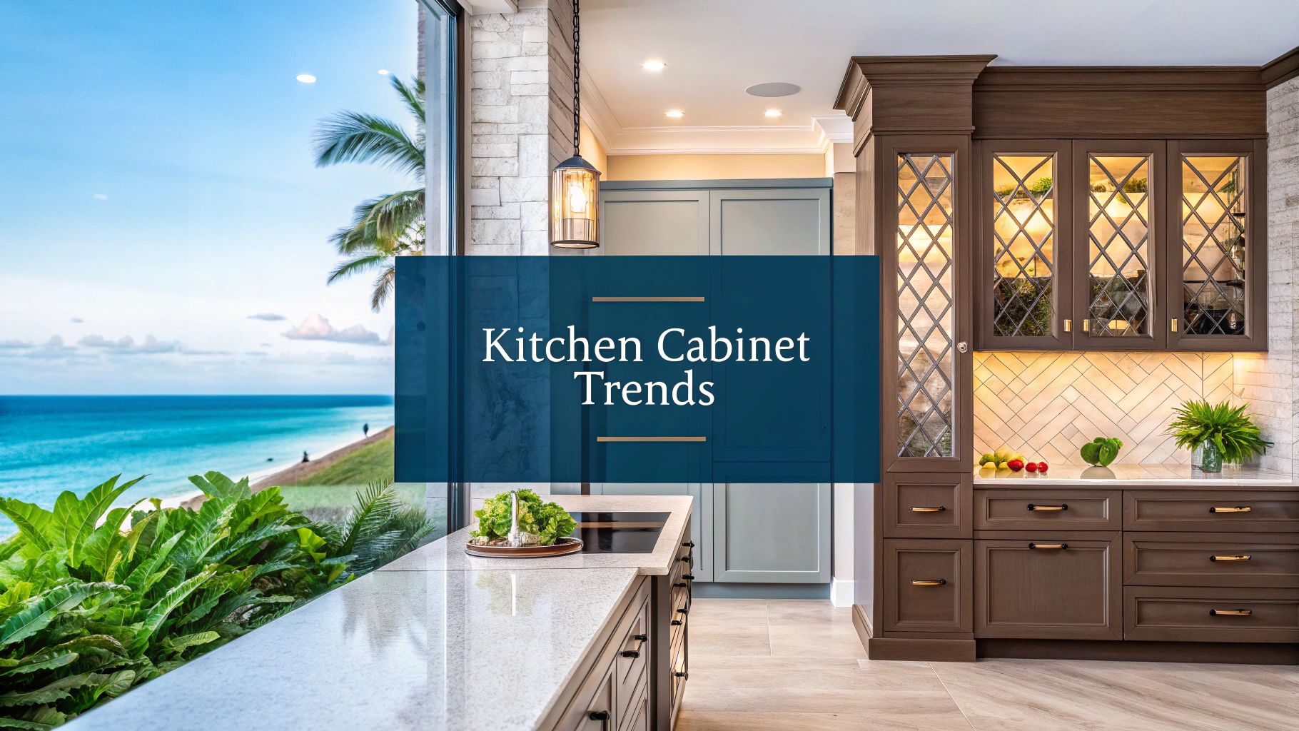 a luxury kitchen with dark wood cabinets and a blue sign reading 'kitchen cabinet trends'