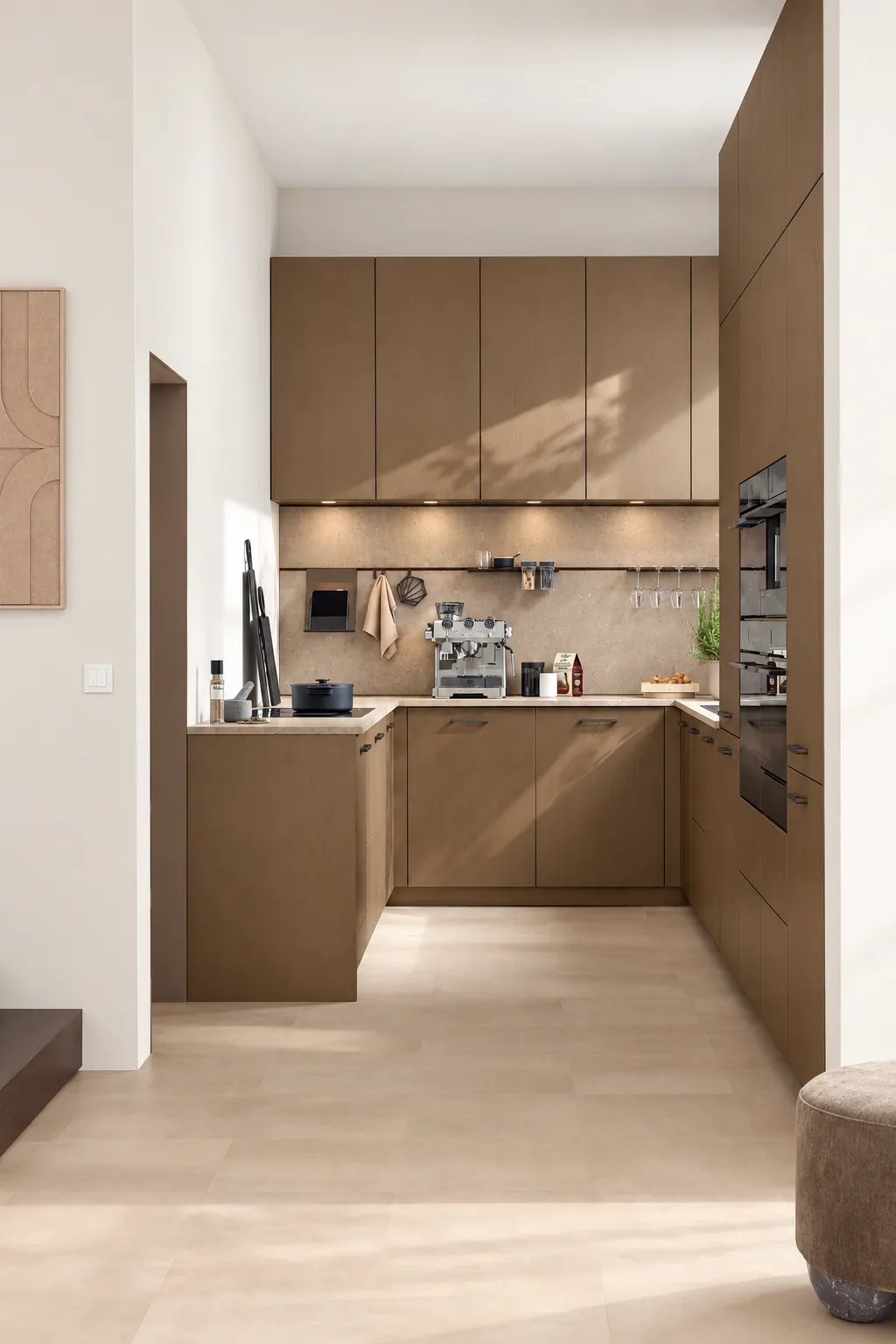 Cuisine Ballerina en U dans une pièce étroite, avec façades brun doré, meubles toute hauteur, crédence beige et éclairage intégré.