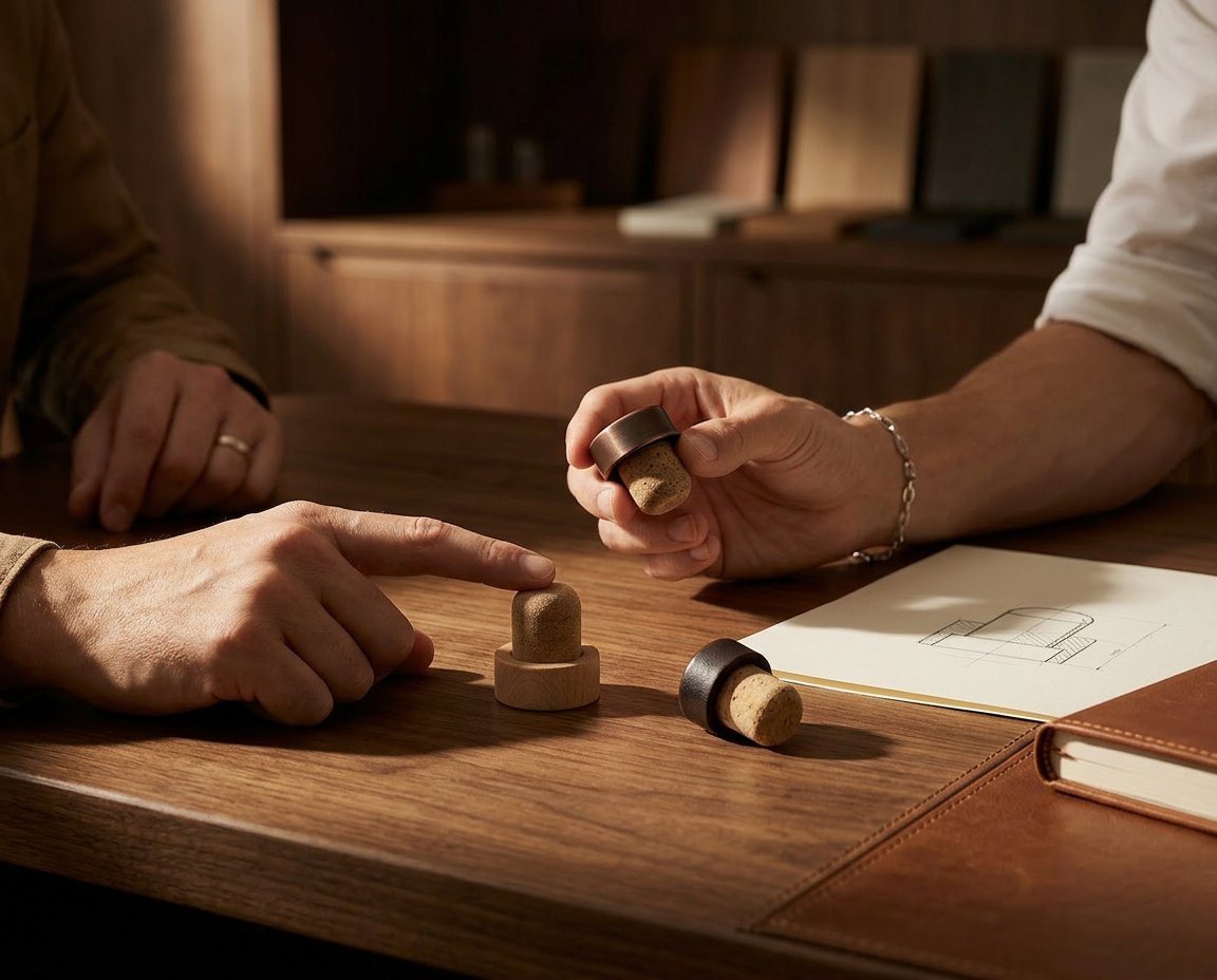 Hands exploring luxury bottle stoppers on a table, highlighting premium closures in spirits packaging and custom design.
