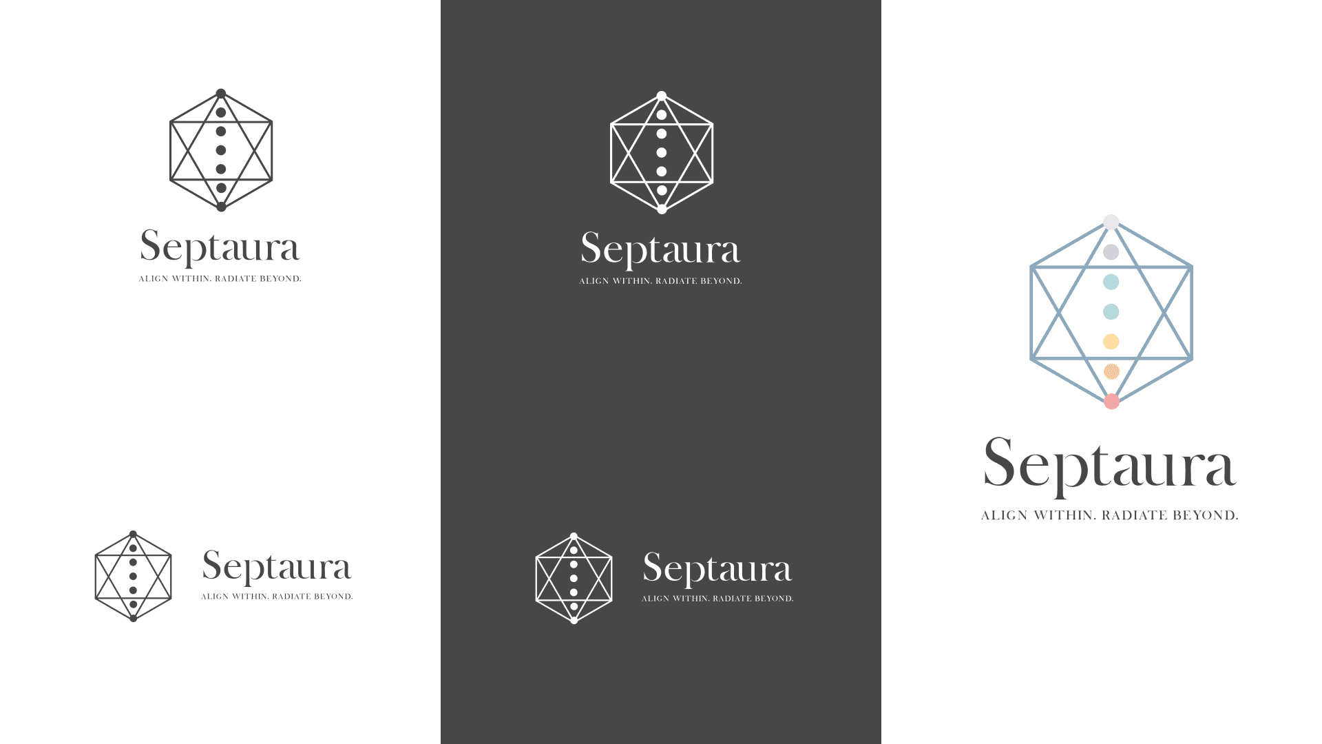 Septaura logo design variations with chakra-inspired geometric symbol — Penguincil Design