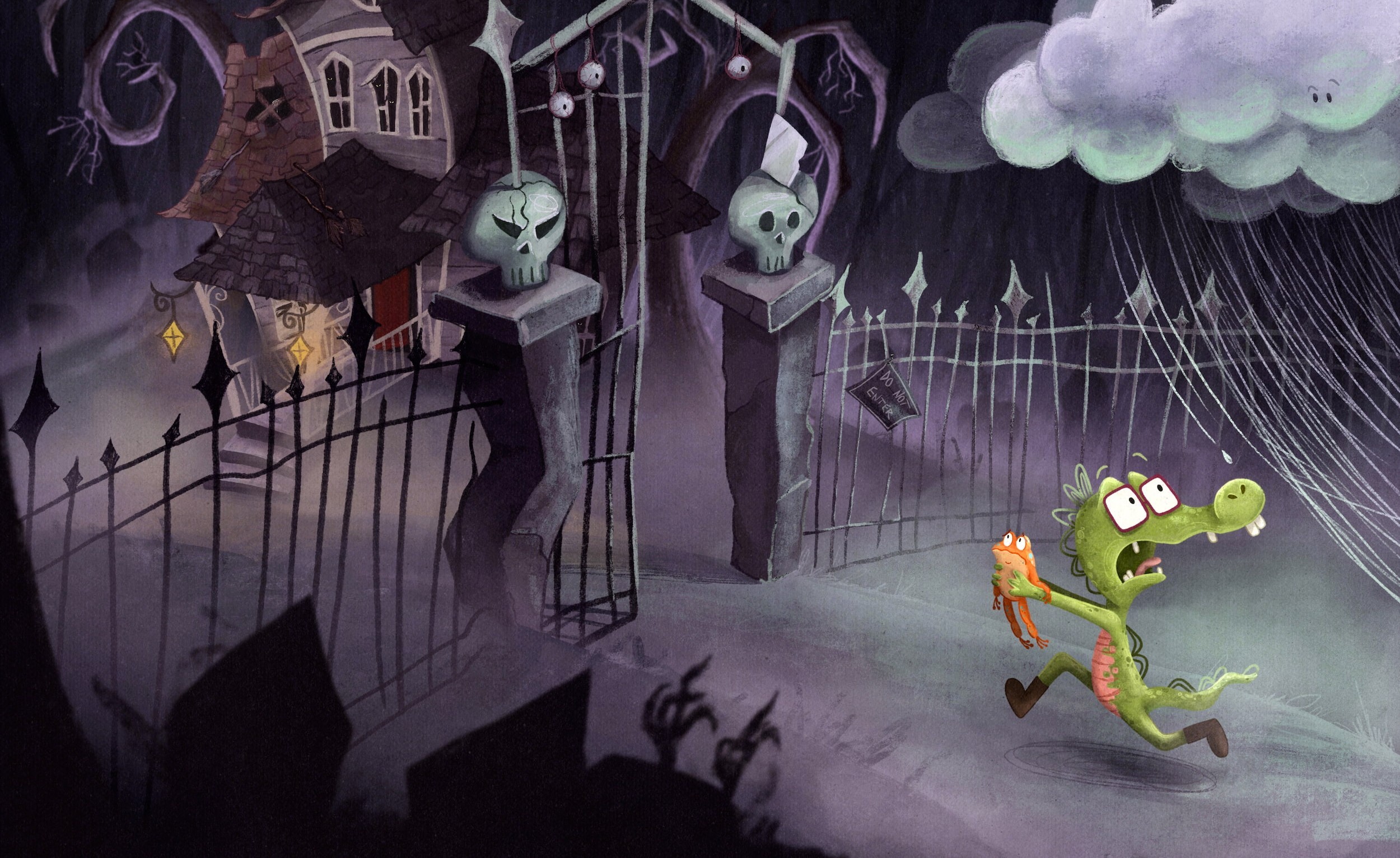 A frightened crocodile running through the rain while holding a frog, unaware that they are entering a haunted house.