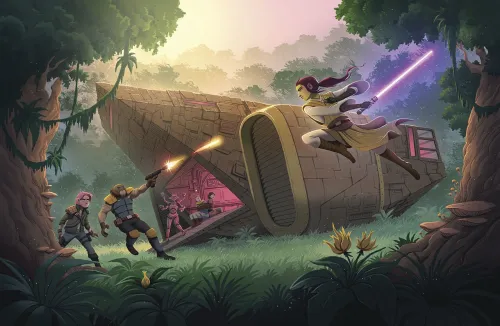 Vernestra Rwoh with her purple lightsaber leaping at enemies in artwork from the middle grade novels