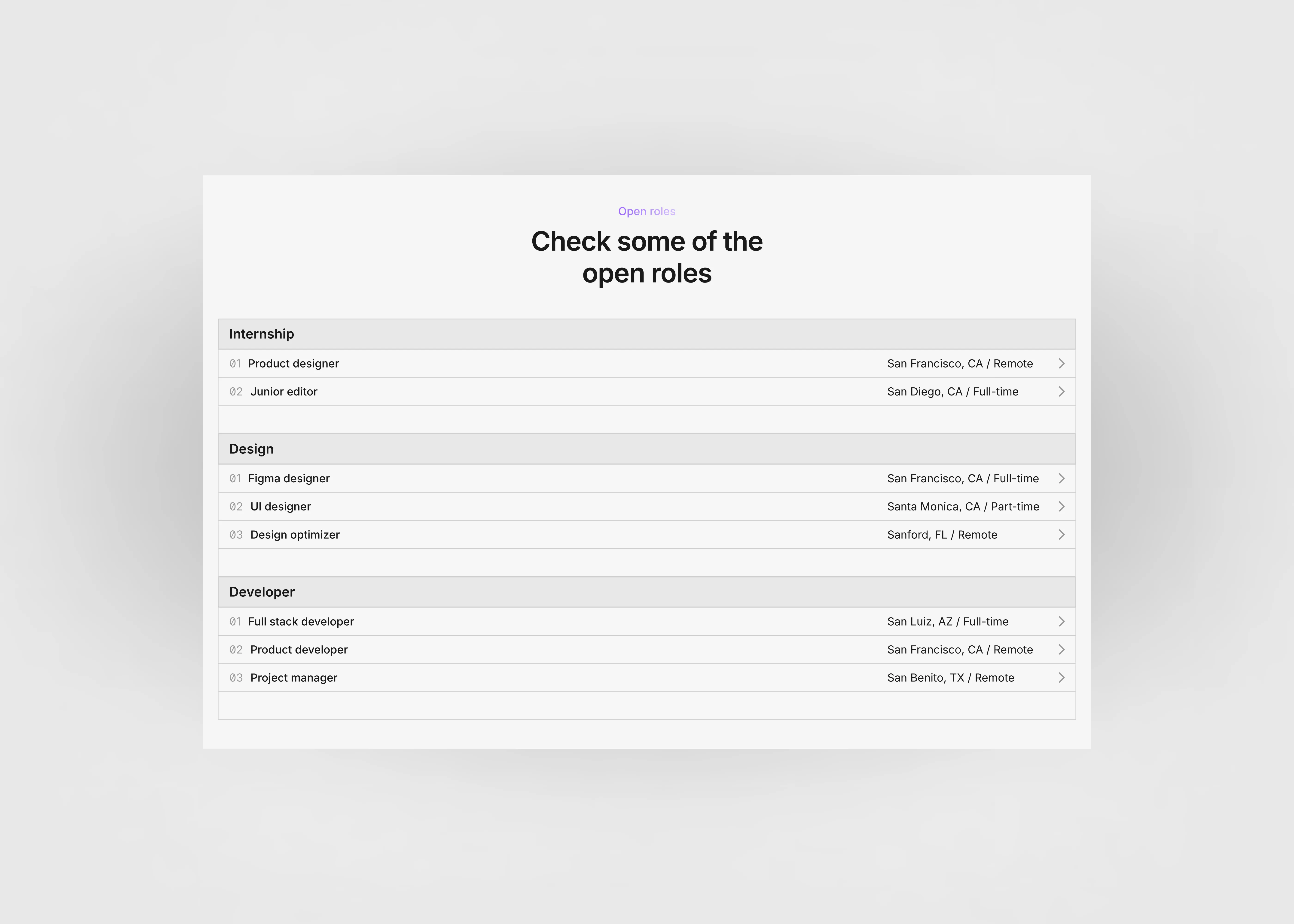 Careers page section in light theme with hover effect