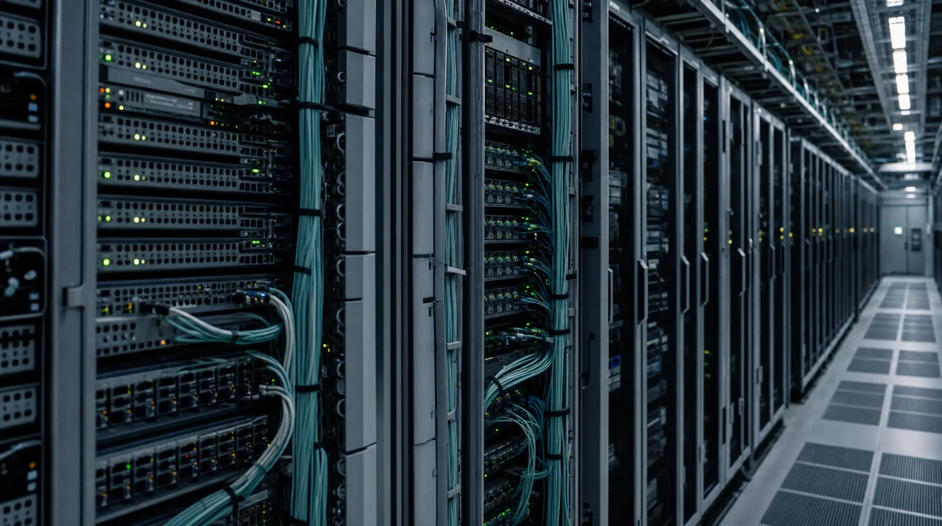 A long data-center corridor filled with network server racks and indicator lights, symbolizing b2b tech marketing fundamentals for reliability and trust.