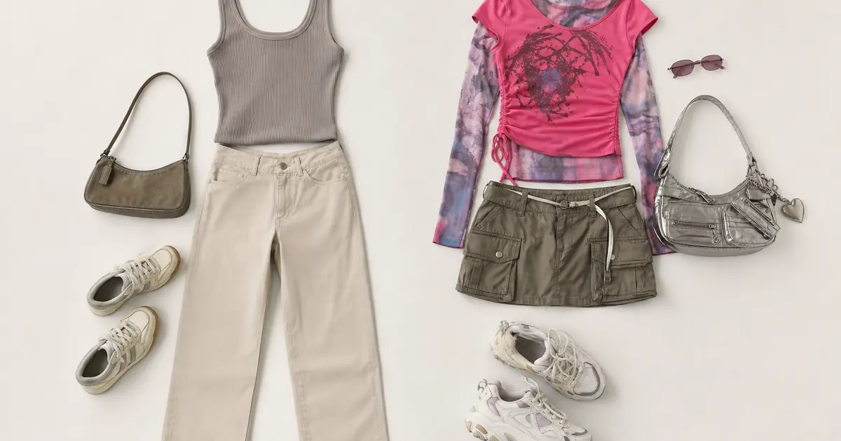 Muted Y2K tank and straight trousers beside a bright layered top, cargo mini, metallic bag, tinted glasses, and chunky sneakers