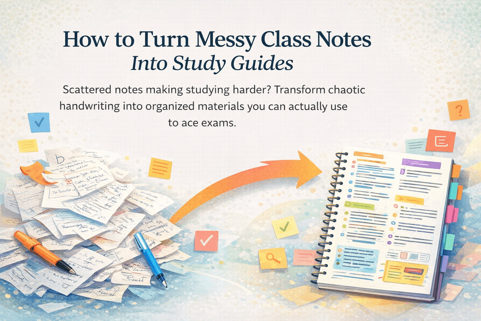 How to Turn Messy Class Notes Into Study Guides, showing scattered handwritten notes transforming into a clear, organized study guide.