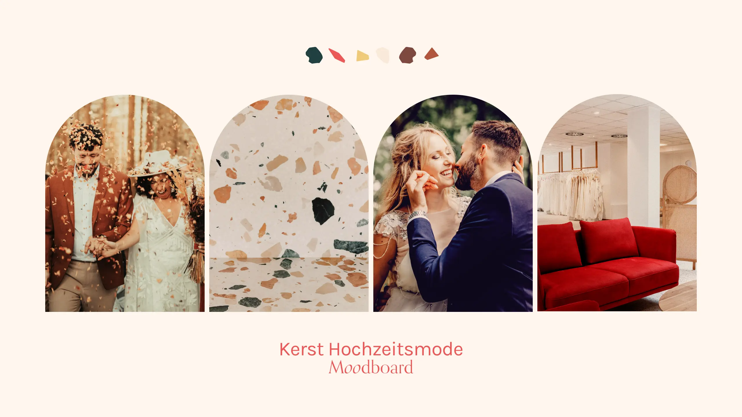 Moodboard für Kerst Hochzeitsmode mit Farbwelt, Brautpaar-Motiven, Terrazzo-Textur und Boutique-Innenraum in Ludwigsburg als Grundlage für Markenstrategie und Corporate Design.