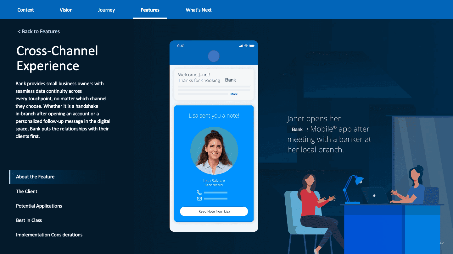 Breakdown of a feature supporting consistent communication across banker, digital, and support channels with trust as a central theme.