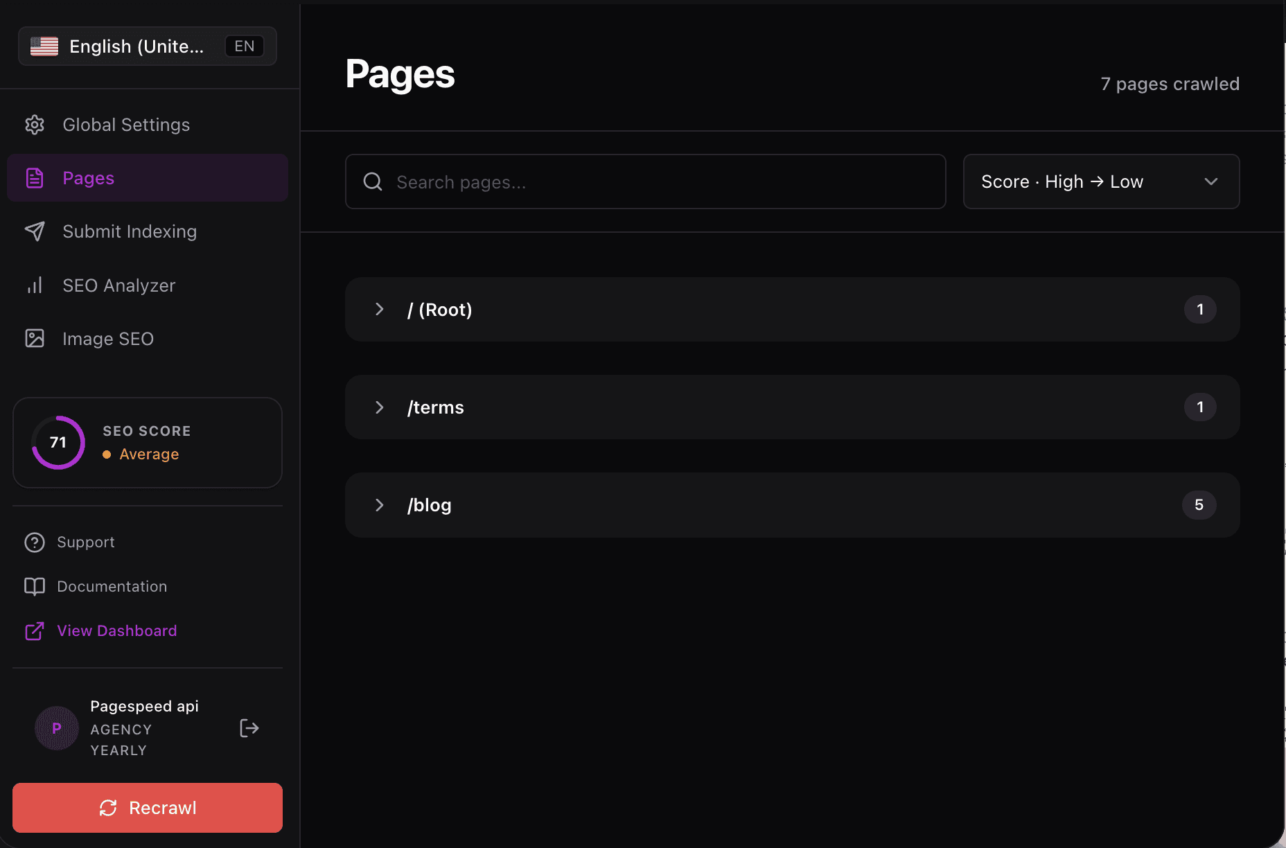RankFrame Pages list grouped by folder, showing Root, terms and blog with page counts