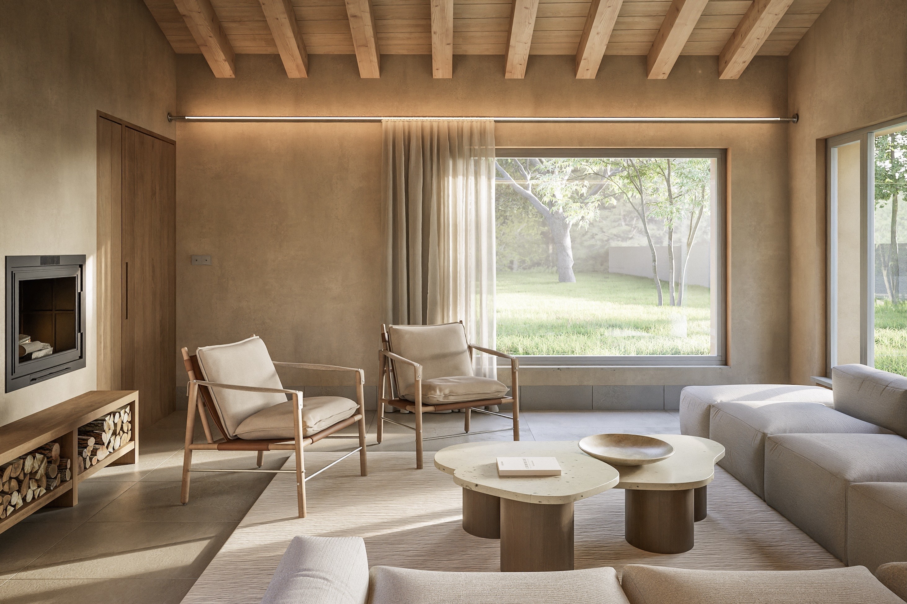 Child walking on a wooden beam with a large tree and swing nearby in a courtyard of modern wooden houses, while another person adjusts a bicycle.