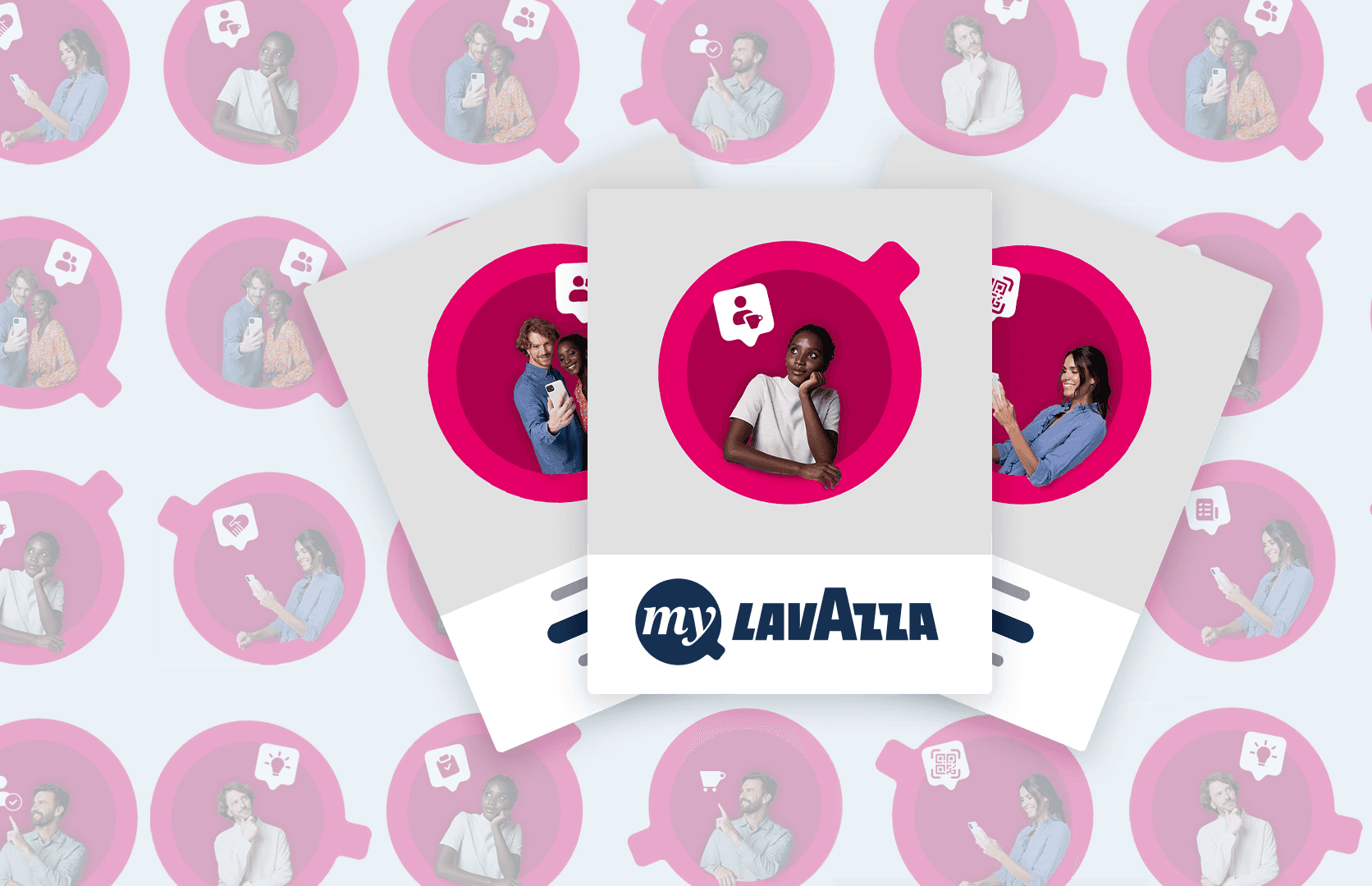 Card delle Missioni, ogni card ha il mezzobusto di una persona incorniciato da una sintesi grafica di una tazzina